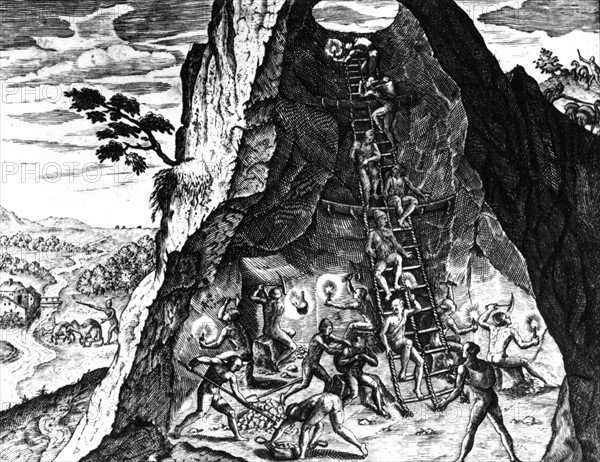 Engraving by Théodore de Bry, the silver mines of Potosi in Bolivia