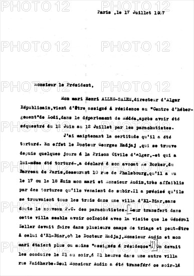 Letter from Giberte Alleg to the President of the French Republic, after the arrest of her husband and Maurice Audin