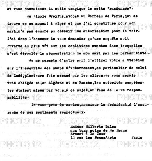 Lettre de Giberte Alleg au Président de la République, après l'arrestation de son mari et celle de Maurice Audin