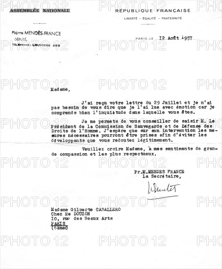 Letter from Mr. Pierre Mendès-France to Mrs. Caballero concerning the imprisonment of her husband