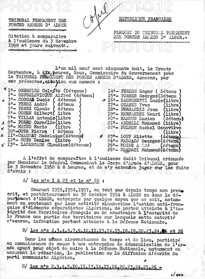 Tribunal permanent des forces armées d'Alger. Citation à comparaître à l'audience du 3-11-1958