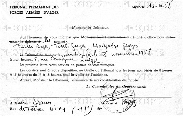 Tribunal permanent des forces armées d'Alger. Annonce du jugement de MM. Roger Perles, Georges Torrès et Georges Hadjadje