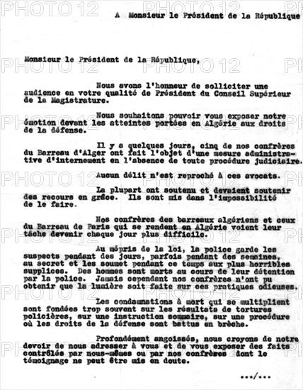 Letter to the President of the French Republic written by the lawyer Joe Nordmann