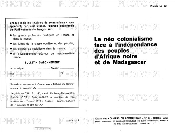 Magazine of the French Communist Party. "Neo- colonialism in the face of the independence of the people of Black Africa and Madagascar"