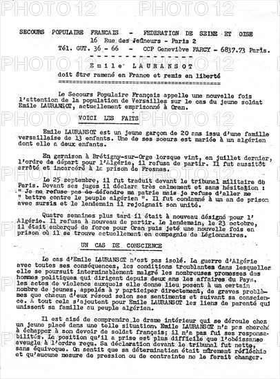 Tract put out by Secours populaire français concerning  Emile Lauransot, a draft resister