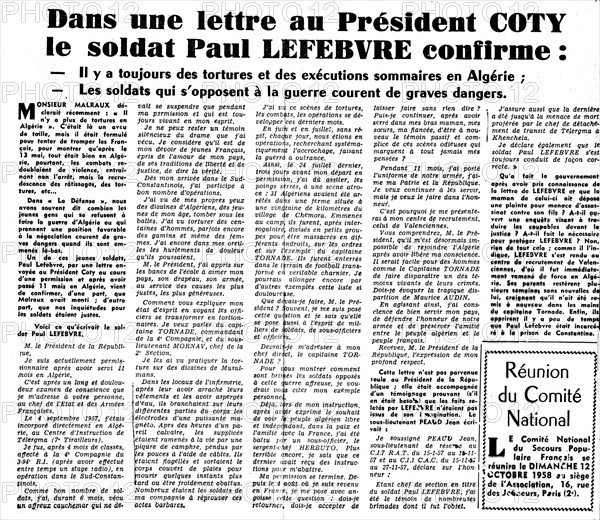 Article in the newspaper "La Défense" concerning Paul Lefebvre, a draft resister