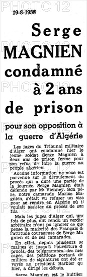 Article in the newspaper l'Humanité concerning Serge Magnien, a draft resister