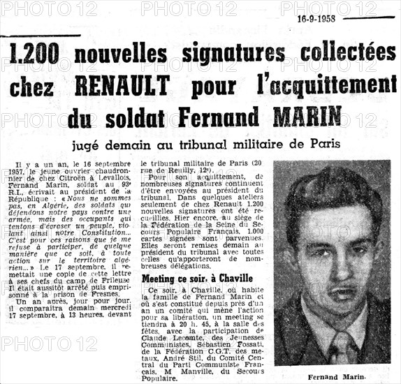 Article in the newspaper "L'Humanité" concerning Fernand Marin, a draft resister
