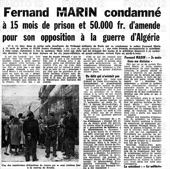 Article in the newspaper "L'Humanité" concerning Fernand Marin, a draft resister