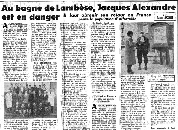 Article in the newspaper "La Défense" concerning Jacques Alexandre, a draft resister