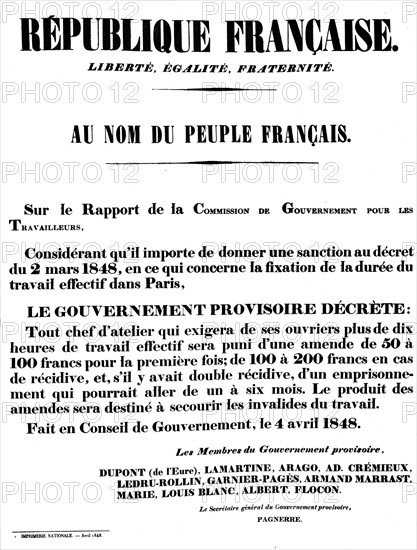 Décret sur la durée du temps de travail à Paris signé par le Gouvernement provisoire