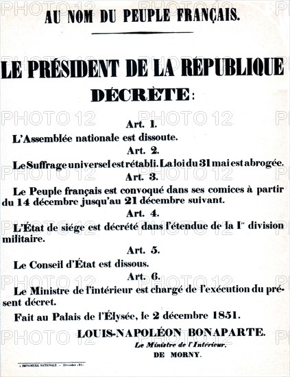 Décret du Président de la république, Louis-Napoléon Bonaparte, après son coup d'Etat