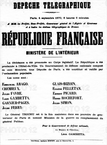 Affiche annonçant la déchéance de Napoléon III et proclamant la république.