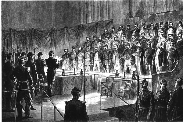 Paris Commune. 3rd War Council in Versailles. Reading the verdict to the accused.