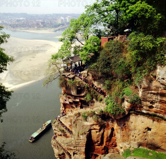 Plank road on the cliff of Leshan hill, Sichuan, China