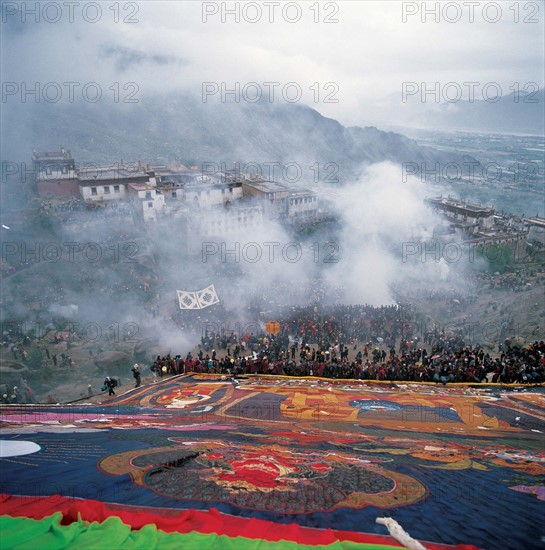 Buddha's portrait unfolding to celebrate Shouton Festival in Drepung Monastery, Tibet,China