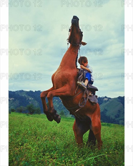 A boy riding a horse