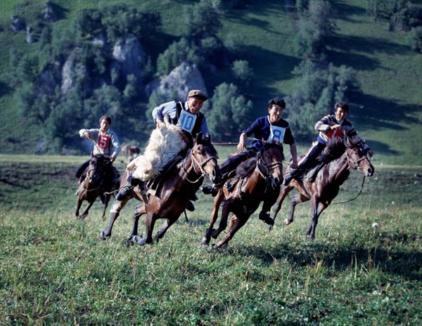 Uygur man scramble for a sheep