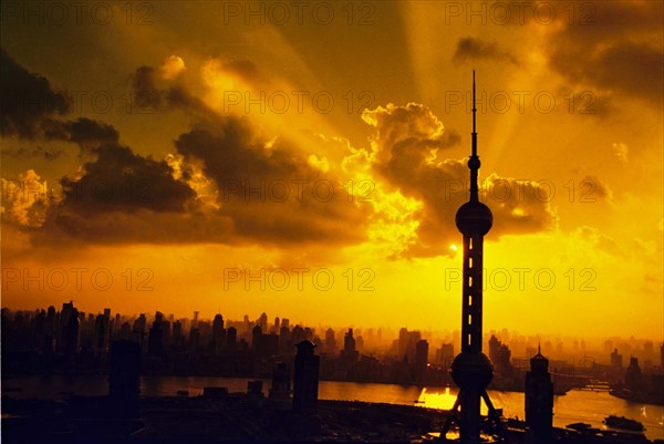 Oriental Pearl TV Tower in the sunset, Shanghai,China