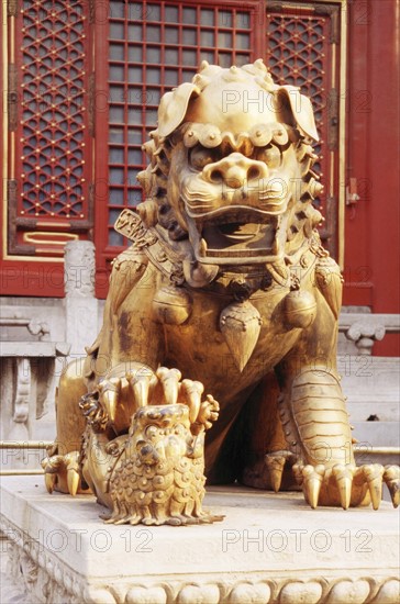 A copper lion statue in Forbidden City,Beijing,China