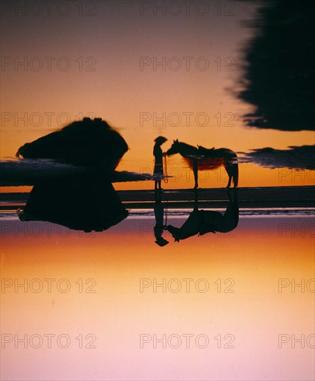 a sunset scene of a person and a horse