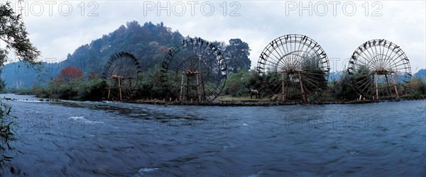 waterwheels on the river bank of Bazhou River in Liping,Guizhou,China