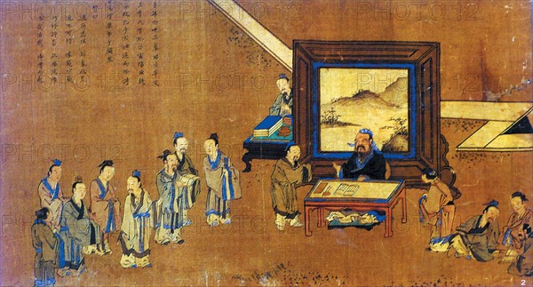 A mural depicts Confucius writing poems in Confucius temple, Qufu,China