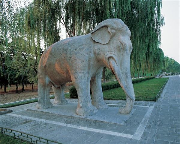 A stone elephant standing along the Sacred Way of Ming Tombs,Beijing,China