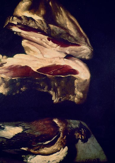 Martinez del Mazo, Still life (detail piece of ham and dove)