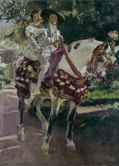 Sorolla, Mes filles Elena et Maria à cheval avec des costumes de Valence de 1808