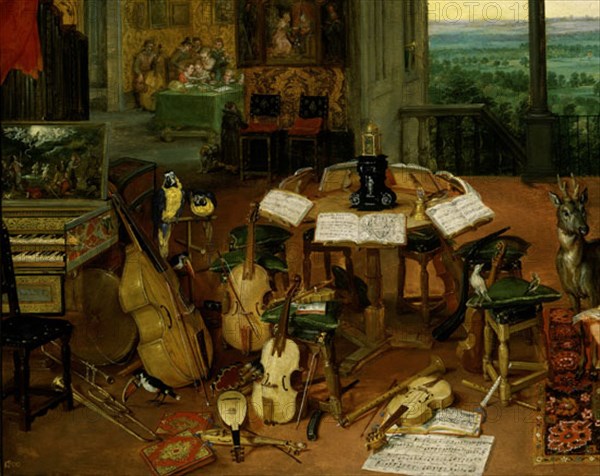 Jan Bruegel, L'ouïe - Détail de la table avec des livres et des instruments de musique