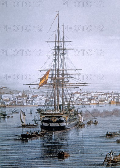 Litographie d'un bateau à voile dans le port de la Havane