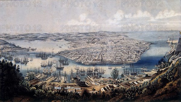 Lithograph of the city and the harbour of Havana