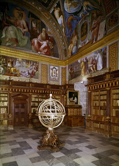 Corner of the library of the Escorial with frescos and a globe