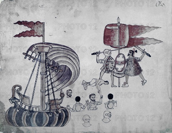 Codex Azxatitlan - "Combat entre espagnols et indigènes"