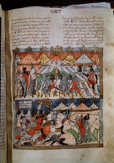 GONZALEZ NICOLAS
CRONICA TROYANA - FOLIO 115- REUNION DE REY CON SUS JEFES DEL EJERCITO EN UNA TIENDA Y BATALLA- 1350
SAN LORENZO DEL ESCORIAL, MONASTERIO-BIBLIOTECA
MADRID