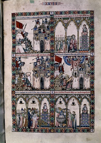 ALFONSO X EL SABIO 1221/84
MTI1-CANTIGA STA MARIA- Nº 28 -FOL 43 R-LA VIRGEN DEFIENDE CONSTANTINOPLA DE LOS MOROS- S XIII
SAN LORENZO DEL ESCORIAL, MONASTERIO-BIBLIOTECA
MADRID