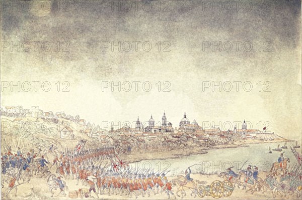 The army of British invadors being driven back by the Spanish while attacking Buenos Aires