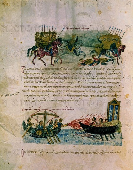 Skylitzes, Greek fire against enemy boat
