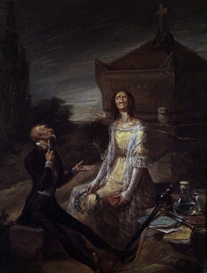 ALENZA LEONARDO 1807/45
SATIRA DEL SUICIDIO ROMANTICO POR AMOR - 1830 - O/L 35x26 - PINTURA ROMANTICA ESPAÑOLA
MADRID, MUSEO ROMANTICO
MADRID