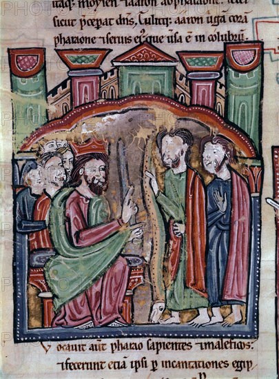 BIBLIA S XIII- TOMO I -MOISES CONVIERTE SU BACULO EN SERPIENTE ANTE EL FARAON-MINIATURA GOTICA
MADRID, ACADEMIA DE HISTORIA
MADRID