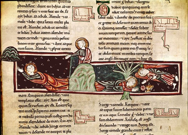 13th century Bible: Elias fed by an angel in the desert