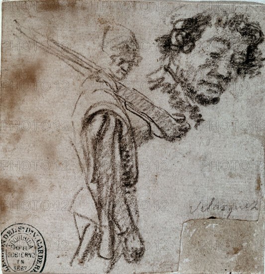 Velázquez, Drawing of a soldier with his weapon on his shoulder and study of a face