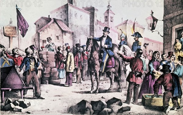 Le général Miguel visite les barricades à Madrid, en juillet 1854
