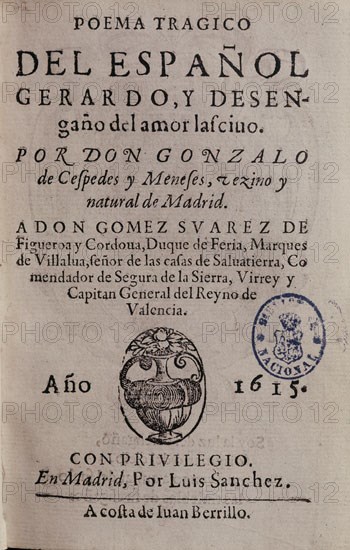 CESPEDES GONZAL
POEMA TRAGICO DEL ESPANOL GERARDO
MADRID, BIBLIOTECA NACIONAL RAROS
MADRID