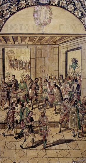 Gonzalez M. and J., Moctezuma offering gold presents to Hernán Cortés