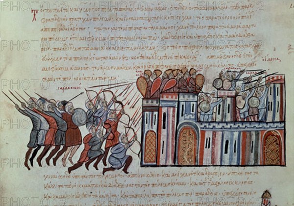 SKYLLITZES
LOS SARRACENOS ASALTAN CONSTANTINOPLA - ENFRENTAMIENTO ENTRE ARABES Y BIZANTINOS- S XIV
MADRID, BIBLIOTECA NACIONAL
MADRID