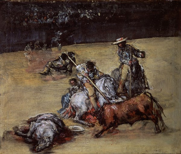 Anonyme, Corrida de taureaux avec piqueurs