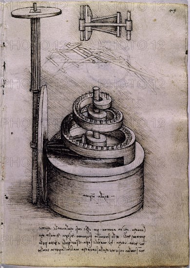 VINCI LEONARDO 1452/1519
LIBRO CON DIBUJO DE MAQUINA DE ENGRANAJES DE MECANISMO DE UN RELOJ-RENACIMIENTO ITALIANO
MADRID, BIBLIOTECA NACIONAL ESTAMPAS
MADRID