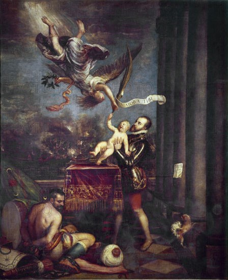 Titien 1485/1576
FELIPE II VENCE EN LEPANTO,OFRECE AL CIELO AL PPE D FERNANDO,H.1575.L3,35x2,74.NP431
Madrid, musée du Prado